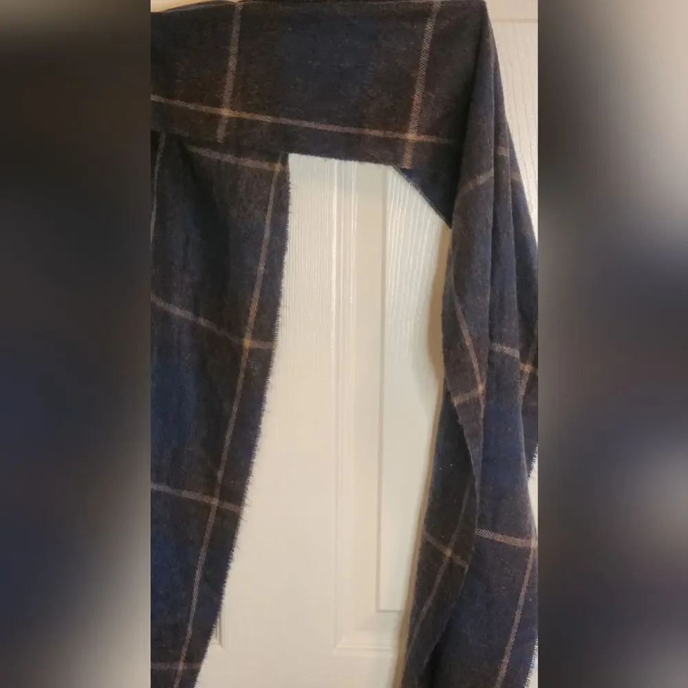 Geoffrey Beene Cashme Brown Navy Plaid Fringe Acrylic Scarf Shawl Italy 66x12.5”